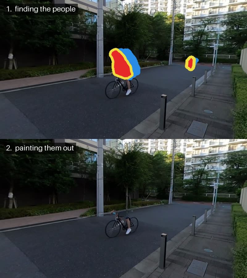Top: the people the software found, painted over in colour. Bottom: the same moment with them removed and the road and trees filled in
